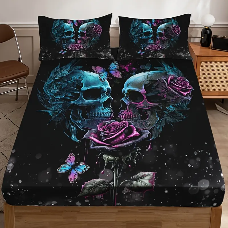 3pcs Goth Print Dark Theme Fitted Bedsheet Set - 1 Fitted Sheet + 2 Pillowcases, Organic Cotton Bamboo Cooling Grounding Bedding, Soft Comfortable Mattress Protector for Bedroom, Halloween Decor