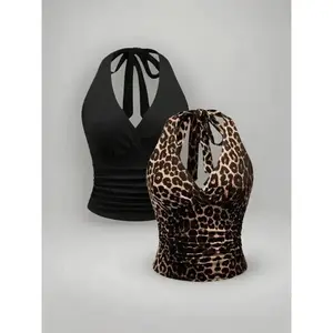 Women's Solid Color/leopard Print Halter Backless Top, Slim Casual Fitted Boho Chic Sleeveless Tie Top for Spring & Fall, Ladies Clothes for Daily Wear, Going Out Tops, Womenswear, Crop Tops, Casual Sleeveless Tank Top, Halter Tank Tops
