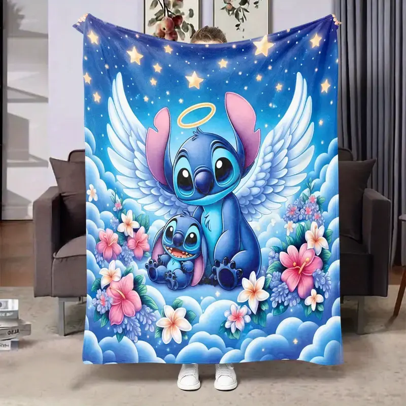 [SummerVibes] DISNEY CLASSIC Stitch & Angel Flannel Blanket - Soft All-Season Throw with Floral & Cloud Design, Perfect Gift for Birthdays, Holidays, Camping & Home Use