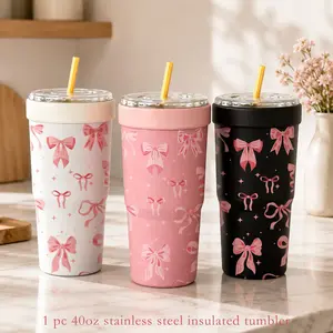 Coquette Bow Insulated Tumbler | 32oz Stainless Steel Travel Cup Insulated Water Cup with Pink Ribbon Print, Vacuum Insulated Straw Mug Keeps Drinks Cold for Hours, Cute Girly Iced Coffee & Milk Tea Companion for Office & Car Use