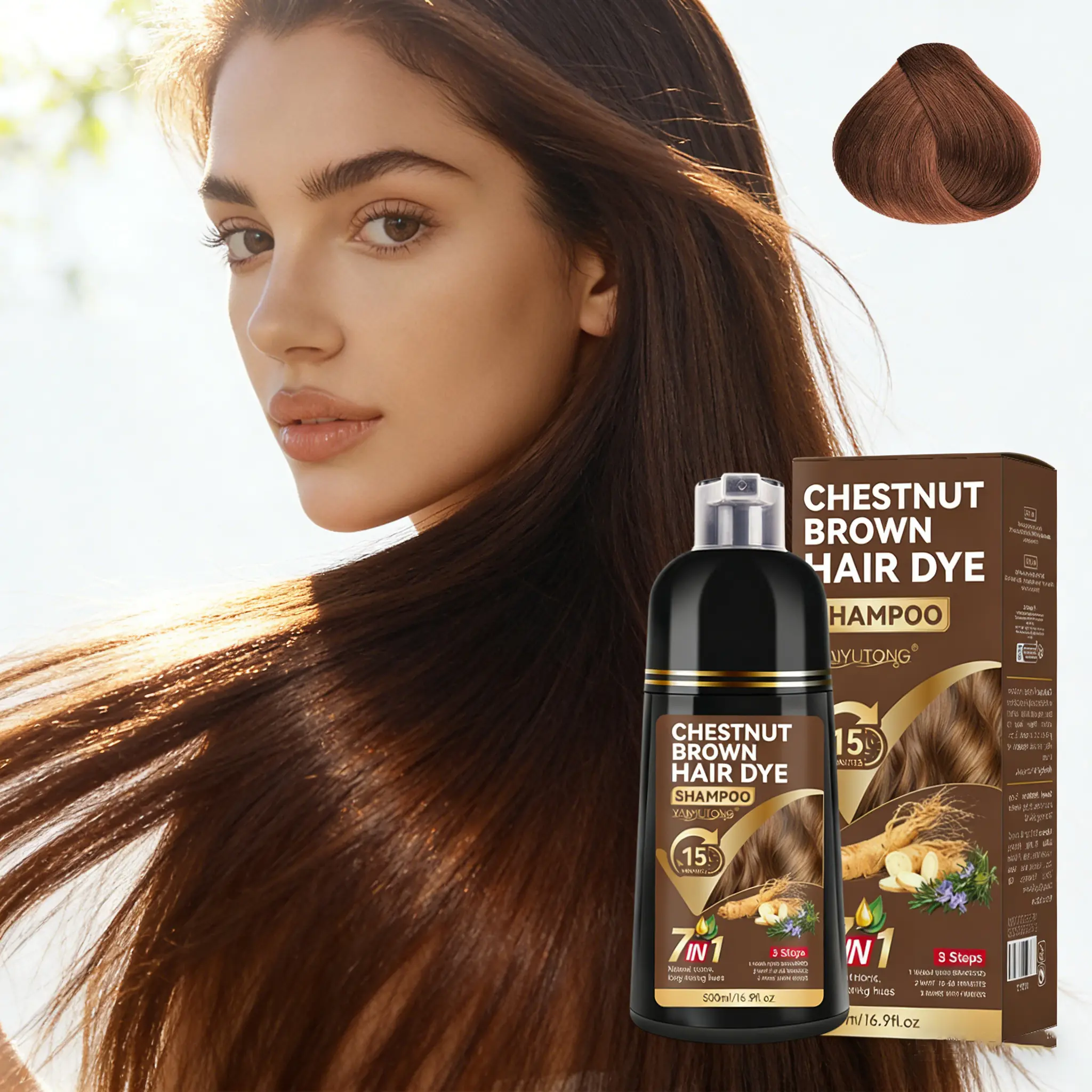 500ml 7-in-1 Chestnut Brown Hair Dye Shampoo | Natural Coverage, Herbal Formula with Ginseng Root Extract, Plant-Based Care, Salon-Quality Results at Home, Hair Coloring, Root Touch Up