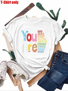 【Plus Size】 Letter Print Round Neck Tee, Casual Short Sleeve Crew Neck T-Shirt for Summer, Women's Plus Clothing for Daily Wear