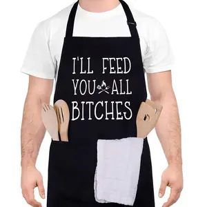 Funny Apron for Men-I'll Feed You all Bitches Adjustable Kitchen Black BBQ Grilling Cooking Chef Apron with Pockets for BBQ Grilling Cooking Waterproof Grill Daddy Gift for Father Husband Boyfriend Household Items