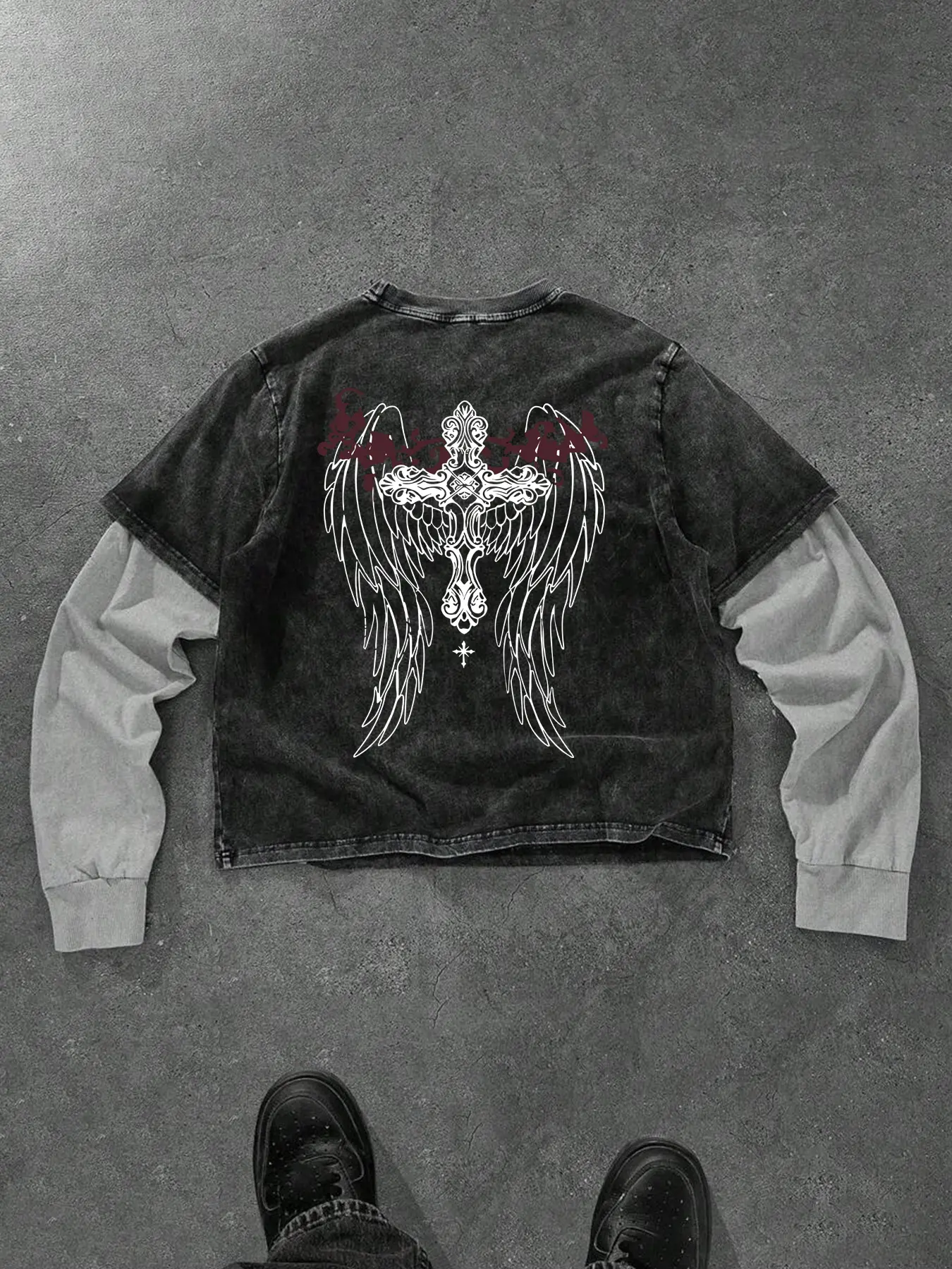 Trendy Men's Vintage Casual Aesthetic Cotton Texture Long Sleeve Shirt, Back Wing Cross Print, Fake Two-Piece Design, Perfect for Trendy Streetwear