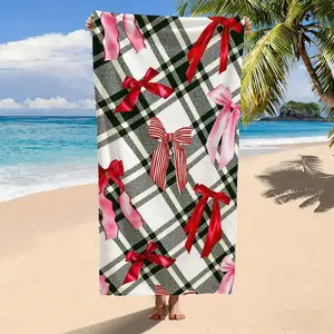 Black White Plaid Red Pink Bow Print Beach Towel, Microfiber Quick Dry Sand Free Oversized Bath Towel, Soft Absorbent Swim Towel for Summer Vacation, Pool, Beach, Valentine's Day, Holiday Gift for Women