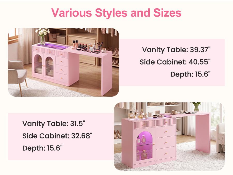 RoyalCraft 59''/75'' Makeup Vanity Desk with Lights, Rotatable & Extendable Dressing Table with Tempered Glass Top, L-shpaed Corner Vanity Table with Drawers and Doors, Perfect for Bedroom, Dressing Room, Pink/Black/White/Beige RoyalCraft 59''/75'' Makeup Vanity Desk with Lights, Rotatable & Extendable Dressing Table with Tempered Glass Top, L-shpaed Corner Vanity Table with Drawers and Doors, Perfect for Bedroom, Dressing Room, Pink/Black/White/Beige