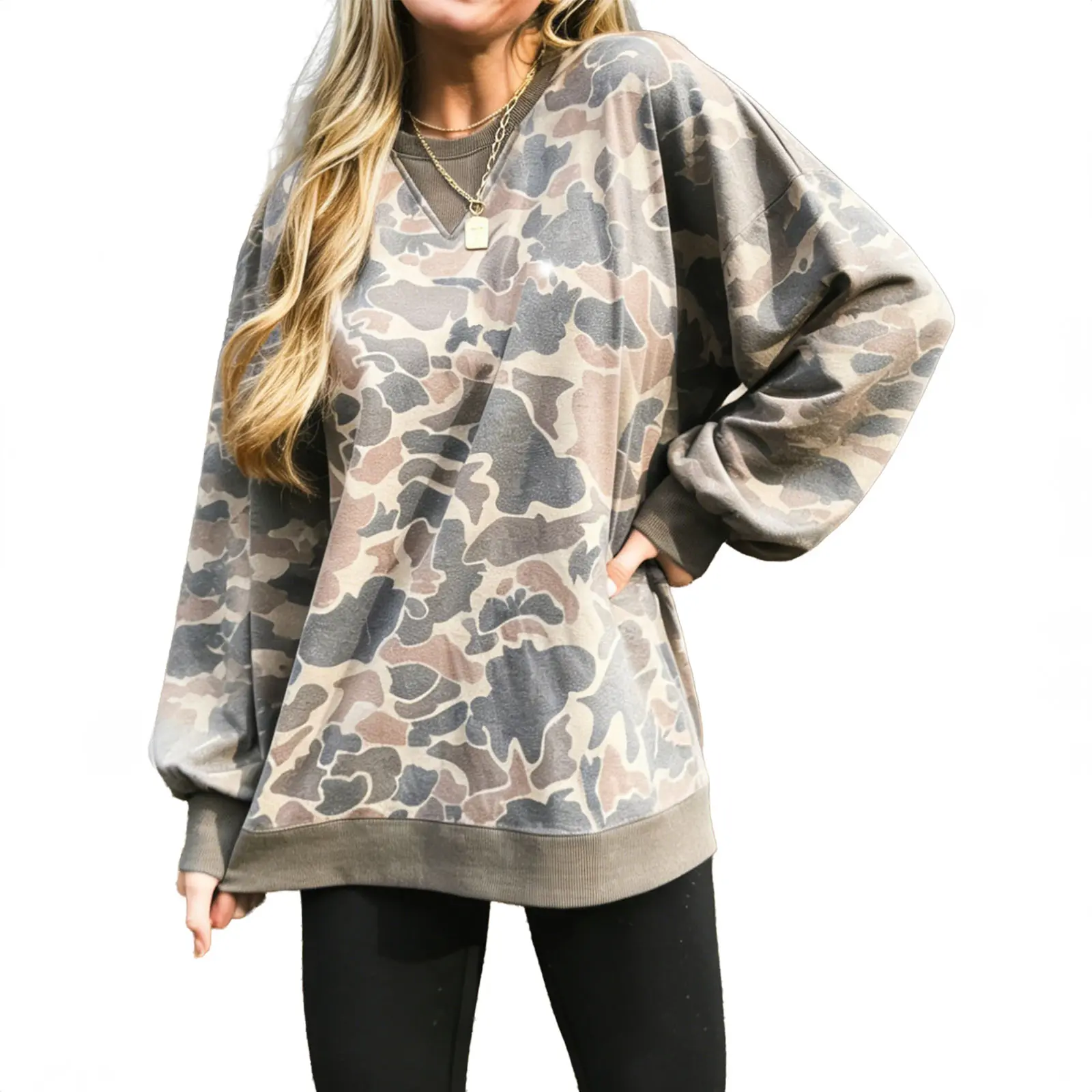 Hotapei Women's Casual Camo Print Long Sleeve Sweatshirt Crew Neck Drop Shoulder Oversized Pullover Tops Trendy Y2K Fall Winter Fashion Relaxed Fit Comfy Streetwear Stylish Daily Wear Loose Jumper Vintage Camouflage Shirt For Ladies