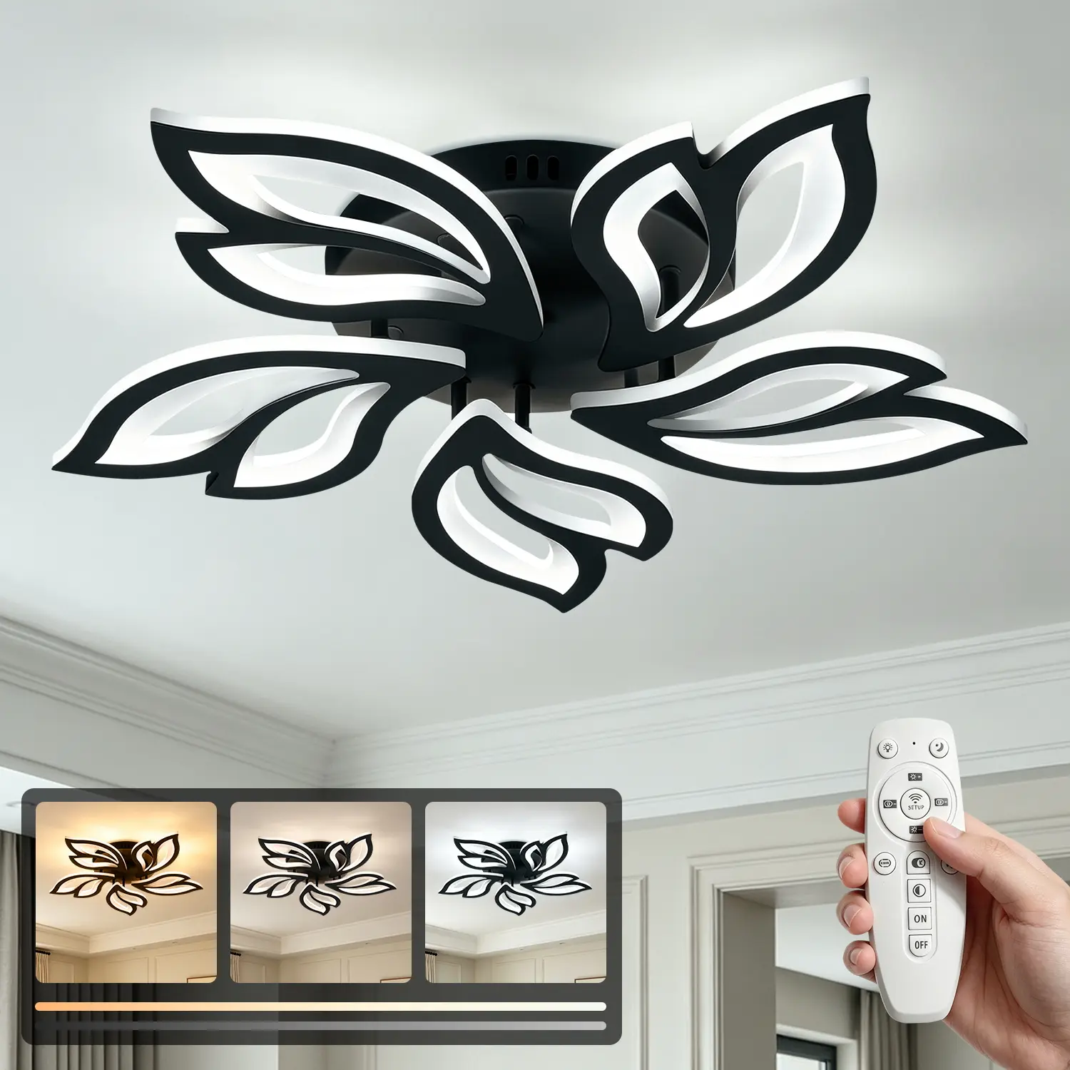 Modern Iron+Acrylic Leaf Bloom LED-Lit Flush Mount Ceiling Lighting - 25in Artistic Adjustable Fixture, 3 Color Temp 3000K-6000K Stepless Dimmable, App/Remote Ctrl, Remote Switch & Hardware Kit Included, for Bedroom Living Room, Built-in LED, Led-Lit Ceil