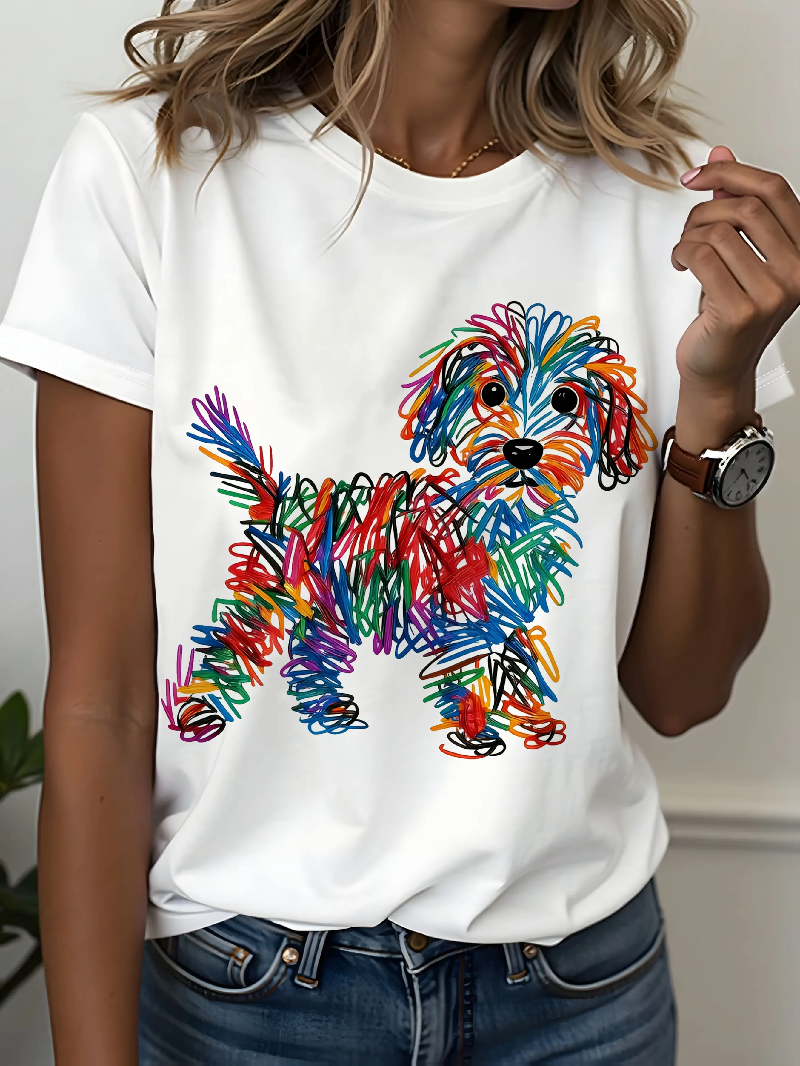 Womens Graphic Tee Rainbow Line Puppy Print Casual Design T Shirt Streetwear Style Crewneck Short Sleeve Soft Cotton Breathable Comfortable Fit Loose Fit Daily Wear Pet Lover Cute Trendy Aesthetic Fashion Top