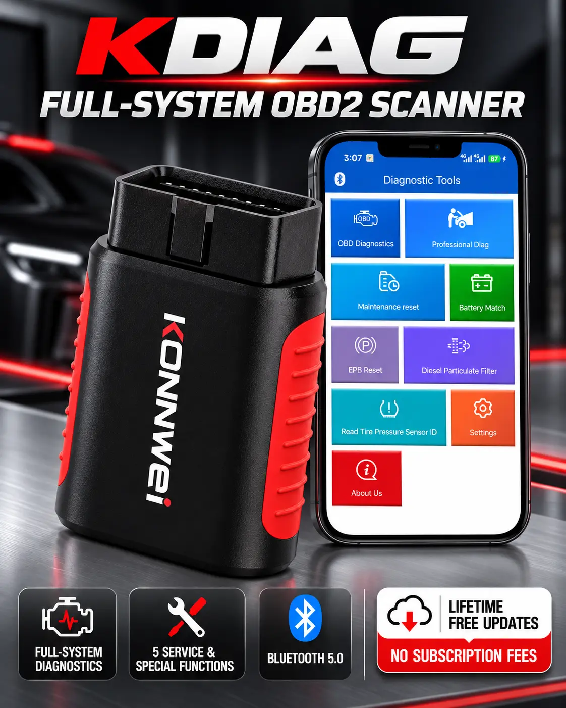 KONNWEI KDIAG Bluetooth OBD2 Scanner for iOS & Android, Full System Car Diagnostic Tool with Oil, EPB, BMS and DPF Resets, AutoVIN and Live Data