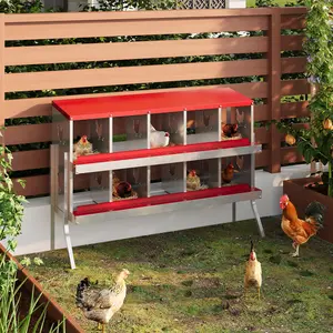 10 Compartment Chicken Nesting Box with Metal Legs–Durable Design,Secure Lid, Perch&Versatile Wall Mount/Free Standing for Comfortable Hen Laying,Red
