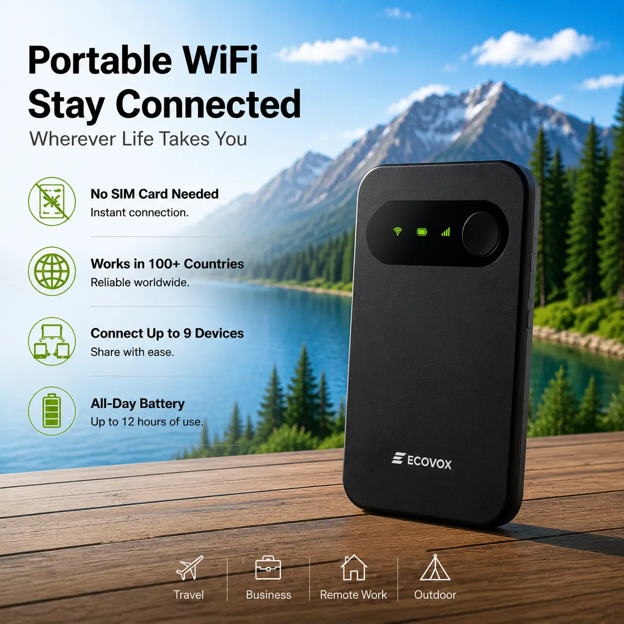 Special Deals for You Days: ECOVOX   Global   WiFi Hotspot, 4G LTE pay-as-you-go portable internet device, WiFi 6 technology, up to 150 Mbps, automatic carrier switching, connects up to 9 devices.Pocket  — a must-have for travel, camping, and work