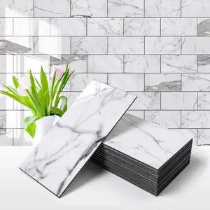 100-Piece Glossy Statury White Peel and Stick Backsplash Tile,3''x6'' PVC Subway Tile with Dark Gray Grout, Stick on Backsplash for Kitchen/Bathroom/Fireplace