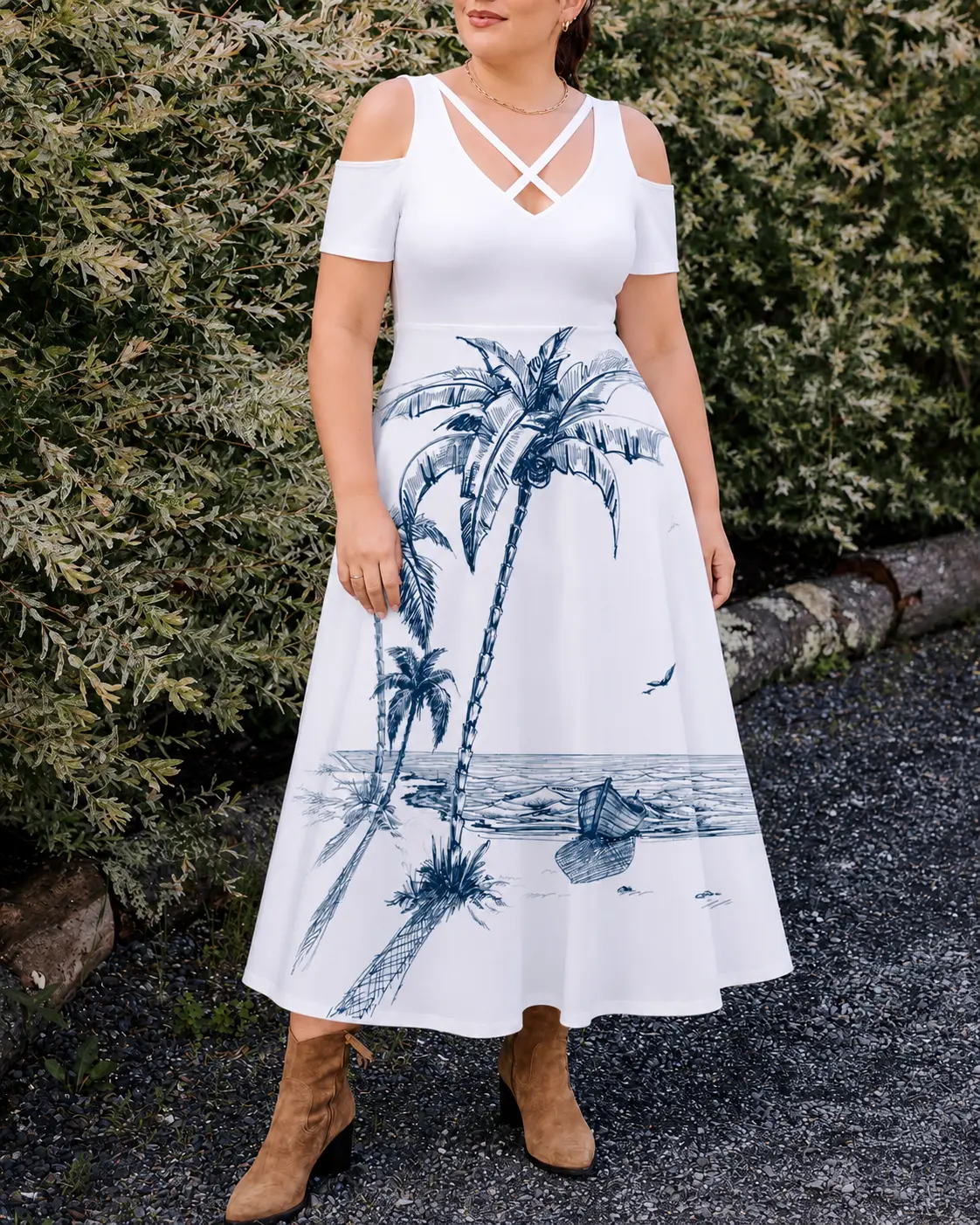 Rgothic Women's Plus Size (2X,4X) Cowgirl Casual A-Line Midi Dress - Polyester Short-Sleeve, Coconut Tree Sea Boat Bird Print, Criss Cross Cold Shoulder Straps, Flowy Fabric, Spring Summer Hawaiian Wear, Flattering Fit, Shortsleeve, Women's Clothes, Polye