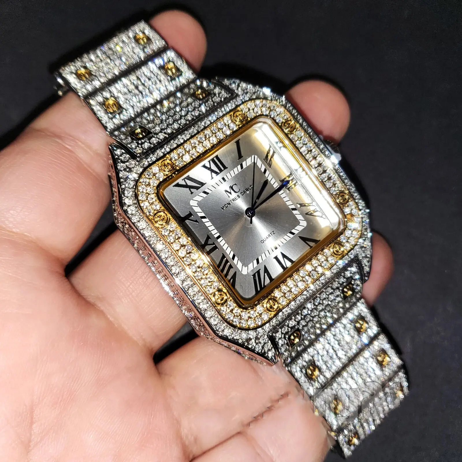 MaxBling81 Men's 2-Tone Square Iced Look Stainless Steel Watch - Modern Fashionable Wristwatch, Luxury Quartz Analog Dress Watch with Cubic Zirconia, Waterproof Hip Hop Accessory, 2-Tone Quartz Watches, All-Metal Quartz Watches