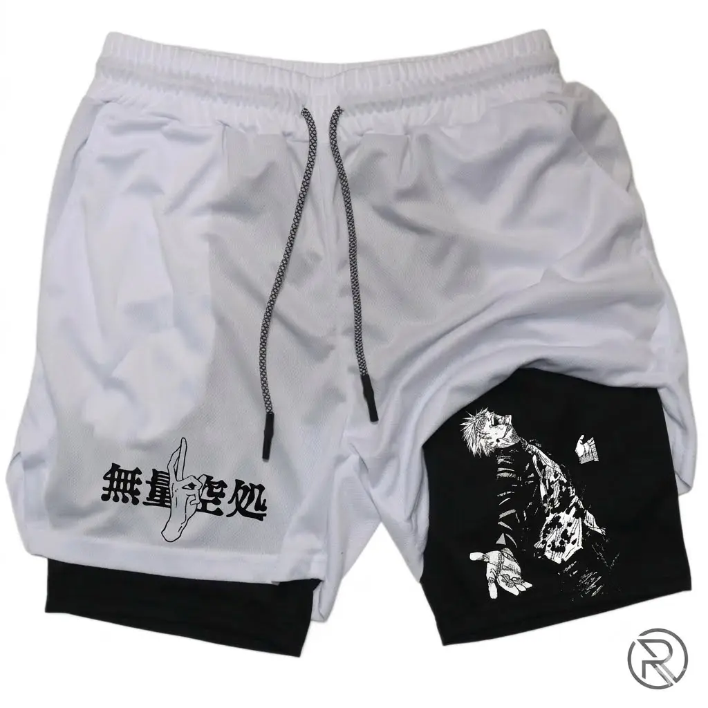 Anime Jujutsu Kaisen Gojo Satoru Male 2-in-1 Mesh Fabric Workout Shorts - Bilayer Quick-Dry Gym Sportswear for Outdoor Workouts, Weightlifting, 4th of July Summer Gifts,back to school,back to school haul
