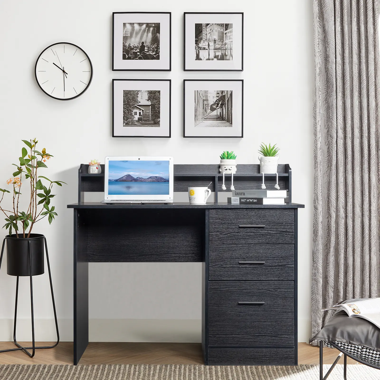 Black Wood Grain Particleboard Computer Desk - Triamine Laminated Desktop, Built-In Storage Hutch, 3 Sliding Drawers - Multi-Storage Home Office Writing Workstation for Bedroom Study Room Laptop Use