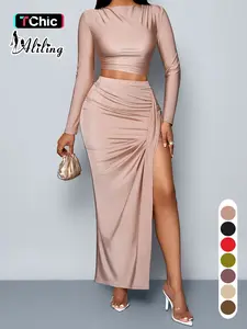 Aliling Women's Solid Two-Piece Set, Boat Neck Long Sleeve Crop Top and Ruched Split High Waist Long Skirts, Elegant Fashion Outdoor Wear, Women's Clothing for All Seasons