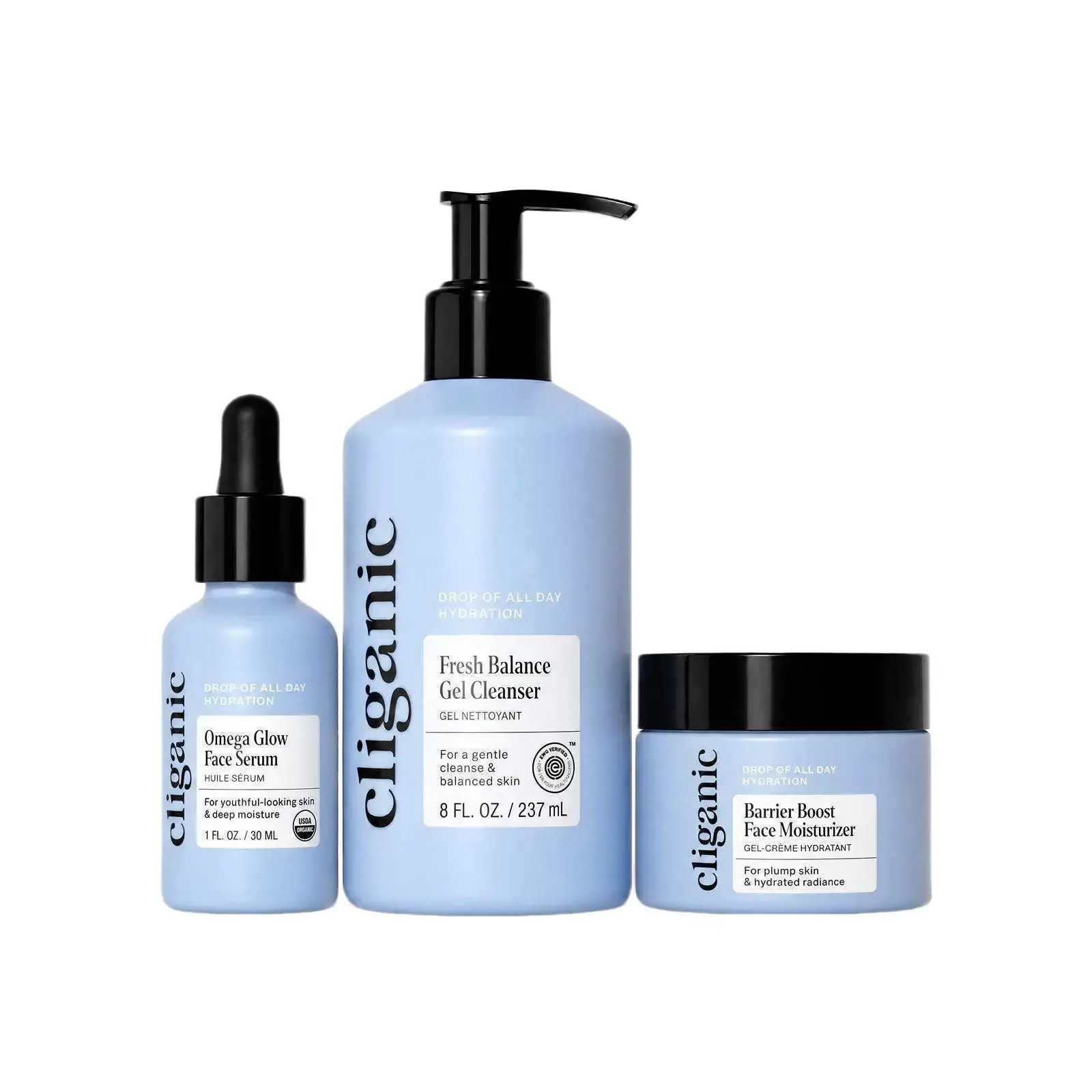 Cliganic The 3-Step Face Routine – Fresh Balance Gel Cleanser, Omega Glow Face Serum & Barrier Boost Face Moisturizer for Clean, Hydrated & Healthy-Looking Skin