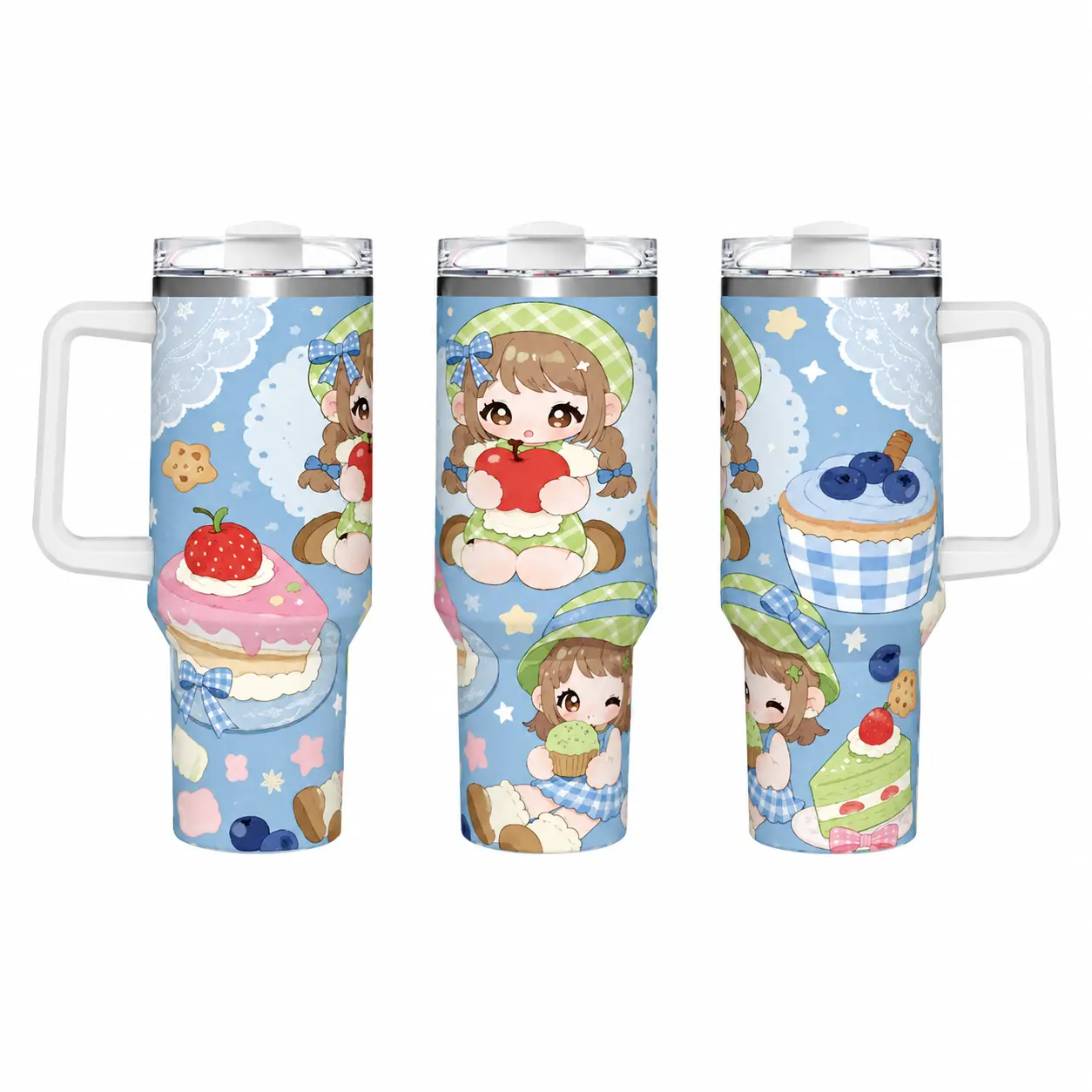 Stylish Portable 40oz Insulated 304 Stainless Steel Water Bottle - Double Wall Vacuum Travel Tumbler with Handle, Straw, Leak-Proof Lid, Car Cup Holder Friendly, Light Blue Gingham Kawaii Print for Women