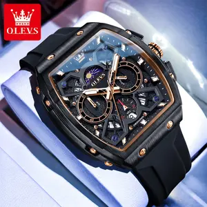 OLEVS Men's Chronograph Square Watch ,Multifunction Business Quartz Watch for Men, Water Resistant Luminous Silicon Strap Birthday Gift Moon Phase Watch