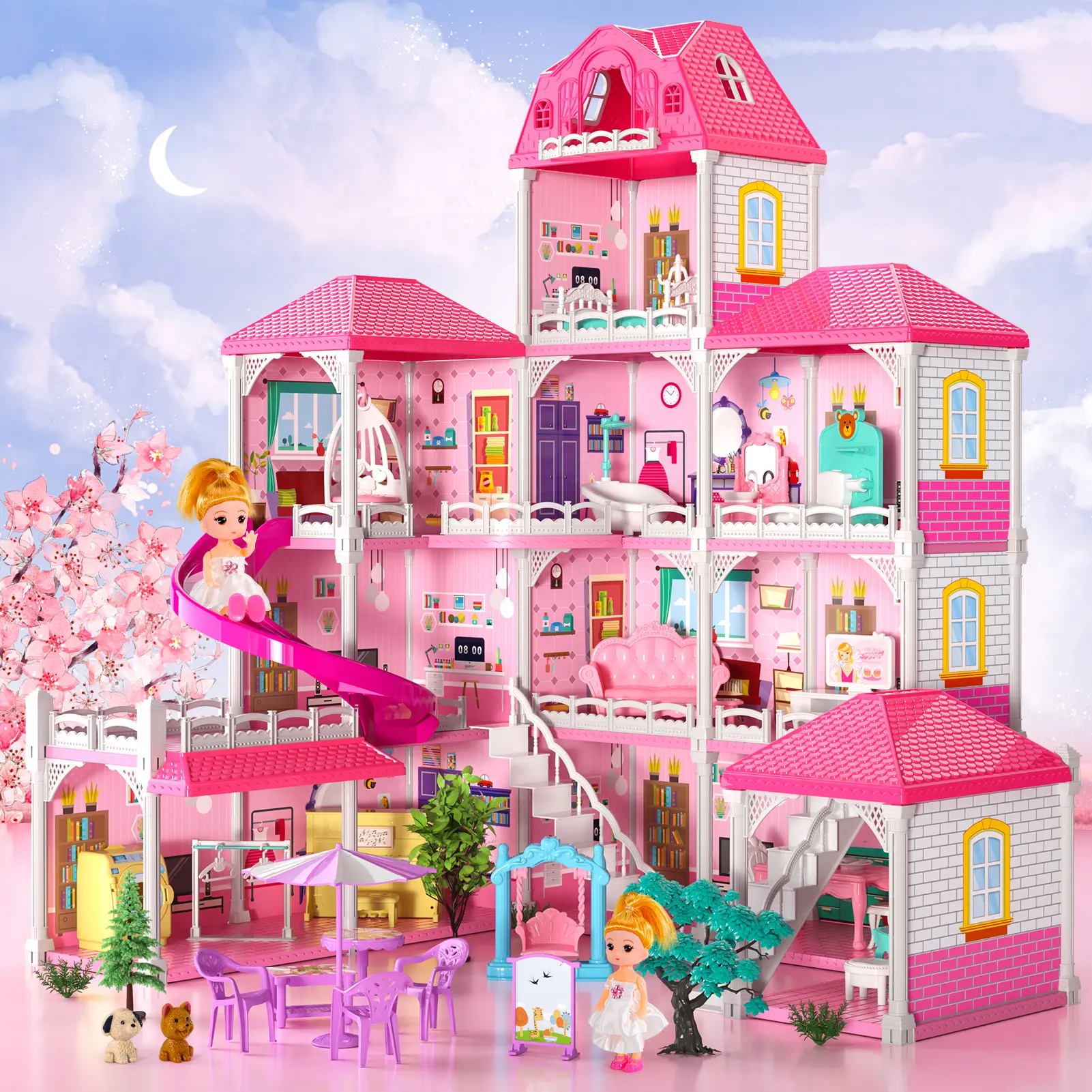 Pink  Building Blocks Set for Halloween, Christmas - Unisex 3-4 Years Learning Science Toy with LED Lights, Dream Villa, Slide Accessories, Full Furniture, Zoned Bedrooms, Kitchens, Music Rooms, Attics, Living Rooms for Pretend Play