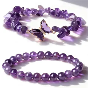 2pcs Amethyst Bracelet For Women Anxiety Relief Amethyst Beaded Bracelets Butterfly Charms Healing Stone Layered Bracelet Christmas Gifts For Women