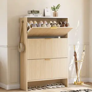 IRONCK Shoe Storage Cabinet with 3 Flip Drawers, Fluted Shoe Cabinet Storage for Entryway, Free Standing Wooden Shoe Organizer Cabinet for Hallway