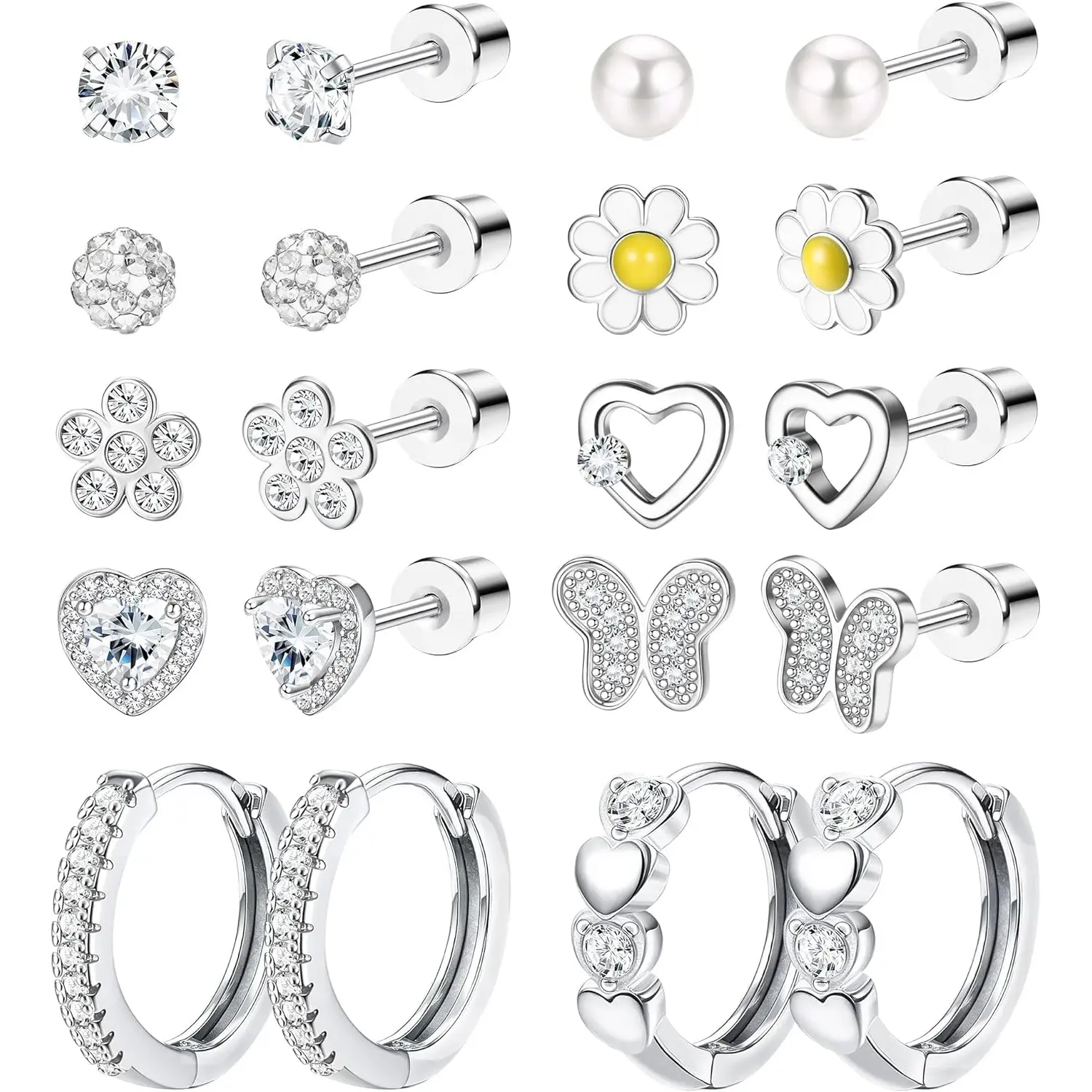 YADOCA Hypoallergenic Screw Back Earrings for Girls Women Surgical Steel Earrings Cute Girls Earrings Set For Sensitive Ears10 Paris Colorful CZ Flower Butterfly Stud Hoop Earrings