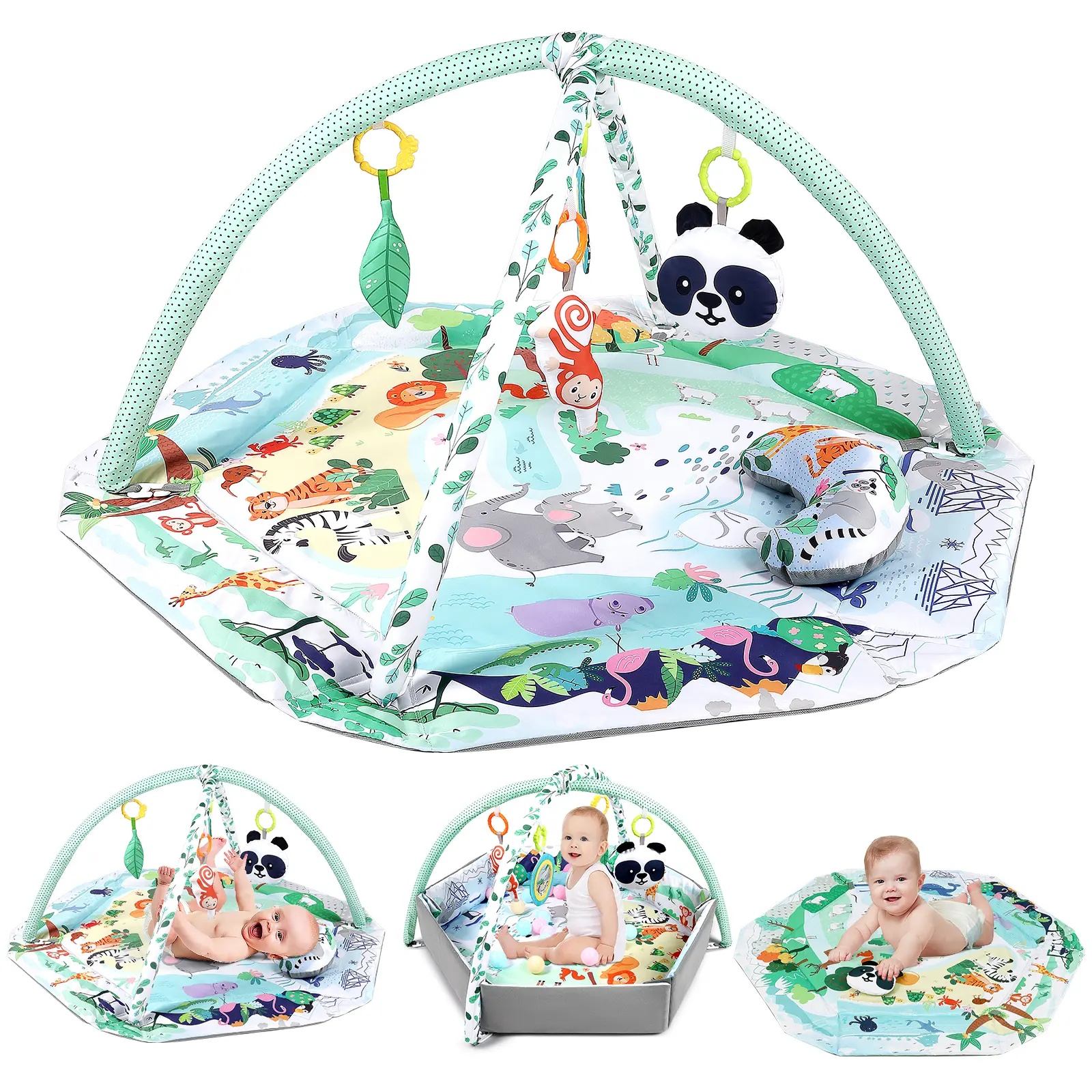 DeLorma 4-in-1 Tummy Time Mat Baby Activity Play Mat with 6 Infant Learning Sensory Toys & 18 Ocean Balls for Motor Skill Development 0-36 Months