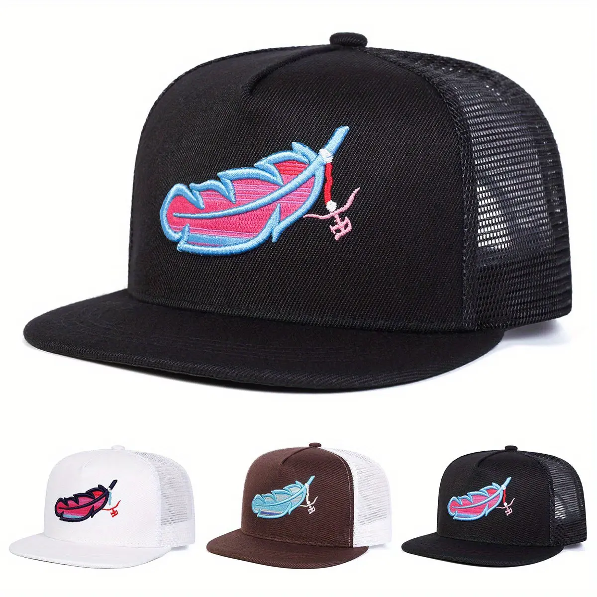 Unisex Feather Embroidered Hip Hop Hat Mesh Hat Outdoor Sport Adjustable Sunscreen Leisure Hat Spring Autumn Travel Tourism Beach Vacation