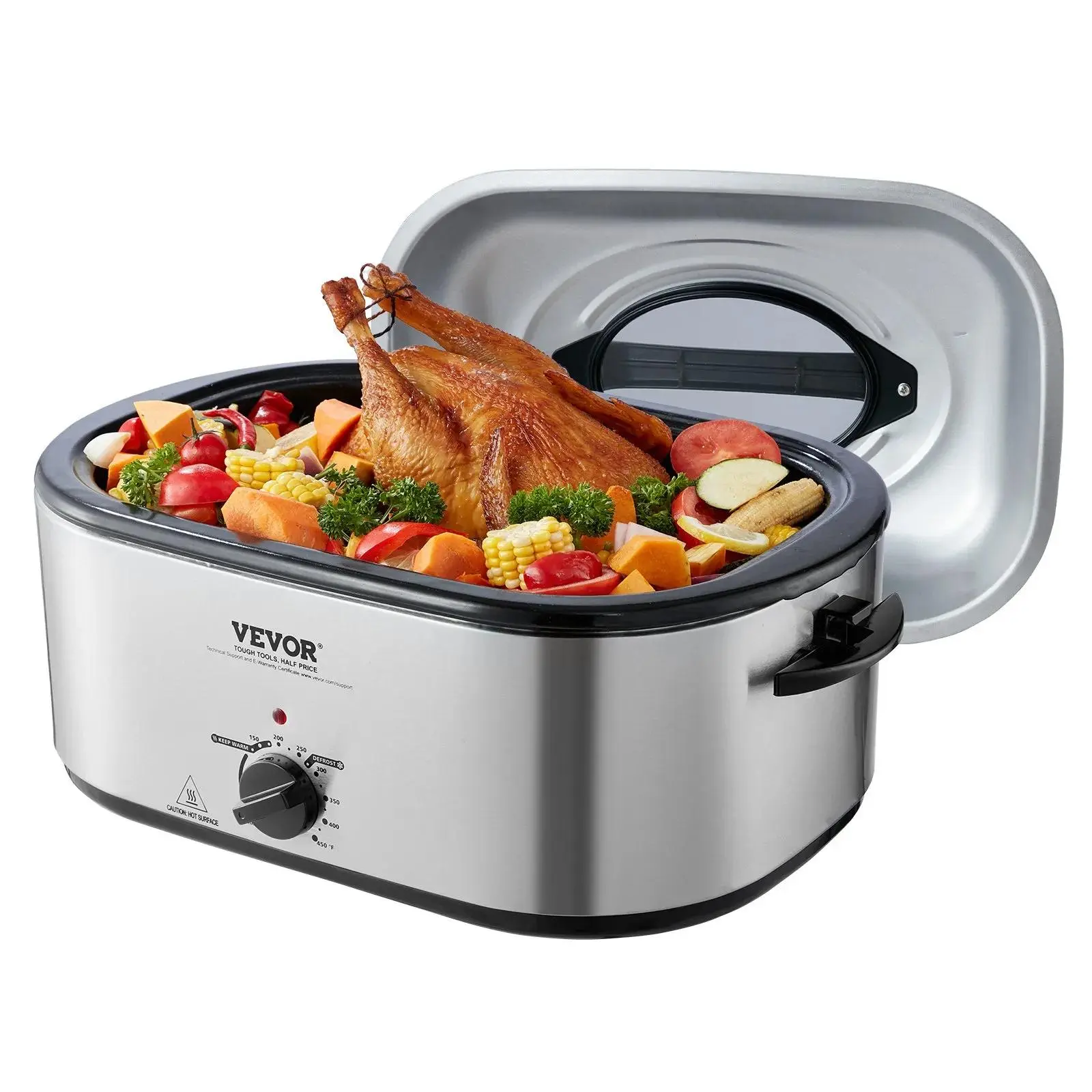 【Summerfinds】VEVOR Electric Roaster Oven,  , 24 QT Turkey Roaster Oven with Self-Basting Lid, 1450W Roaster Oven with Defrost & Warm Function, Adjustable Temp, Removable Pan & Rack, Fits Turkeys Up to 28LBS, Silver