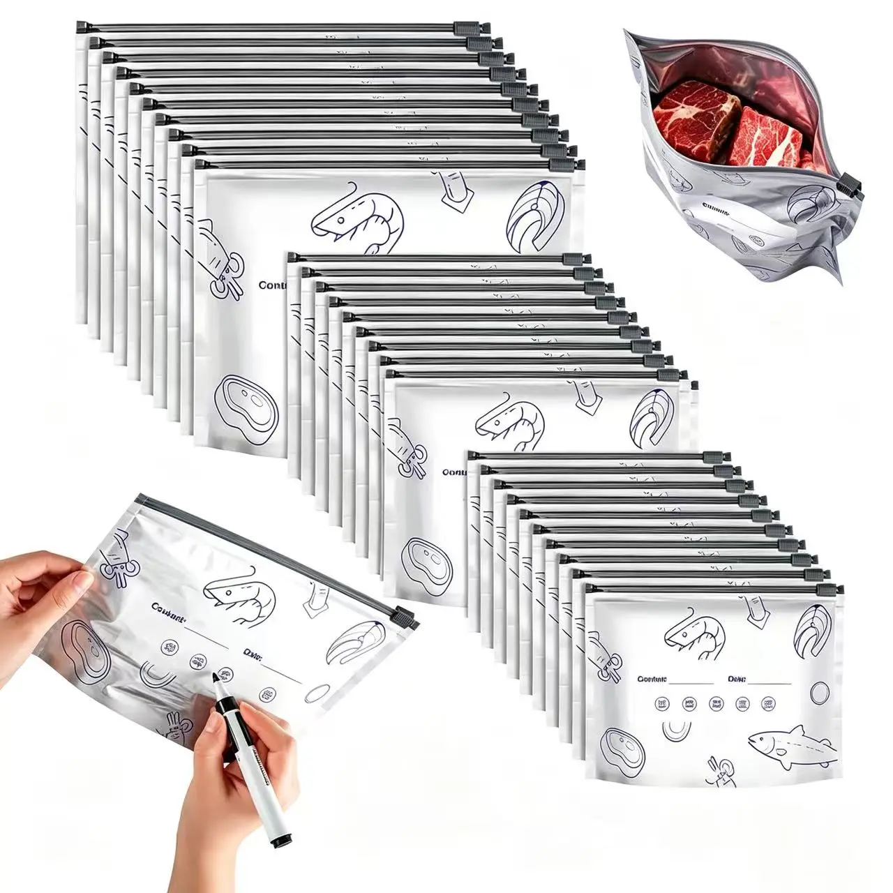 90 PCS Reusable Upright Aluminum Foil Sealed Storage Bags with Labels, Zipper Locks, Kitchen Preserving Containers for Vegetables, Fruits