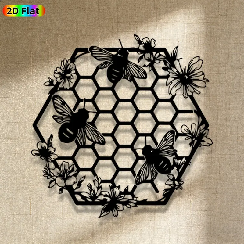 1pc Romantic Bee with Honeycomb and Flowers Metal Wall Art, Romantic Bee with Honeycomb and Flowers Statue Mural, Iron Craft, Perfect for Living Room, Garden, Indoor/Outdoor Decor, Artistic Metalwork, Valentine's Decor, Ideal Gift for Nature Lovers