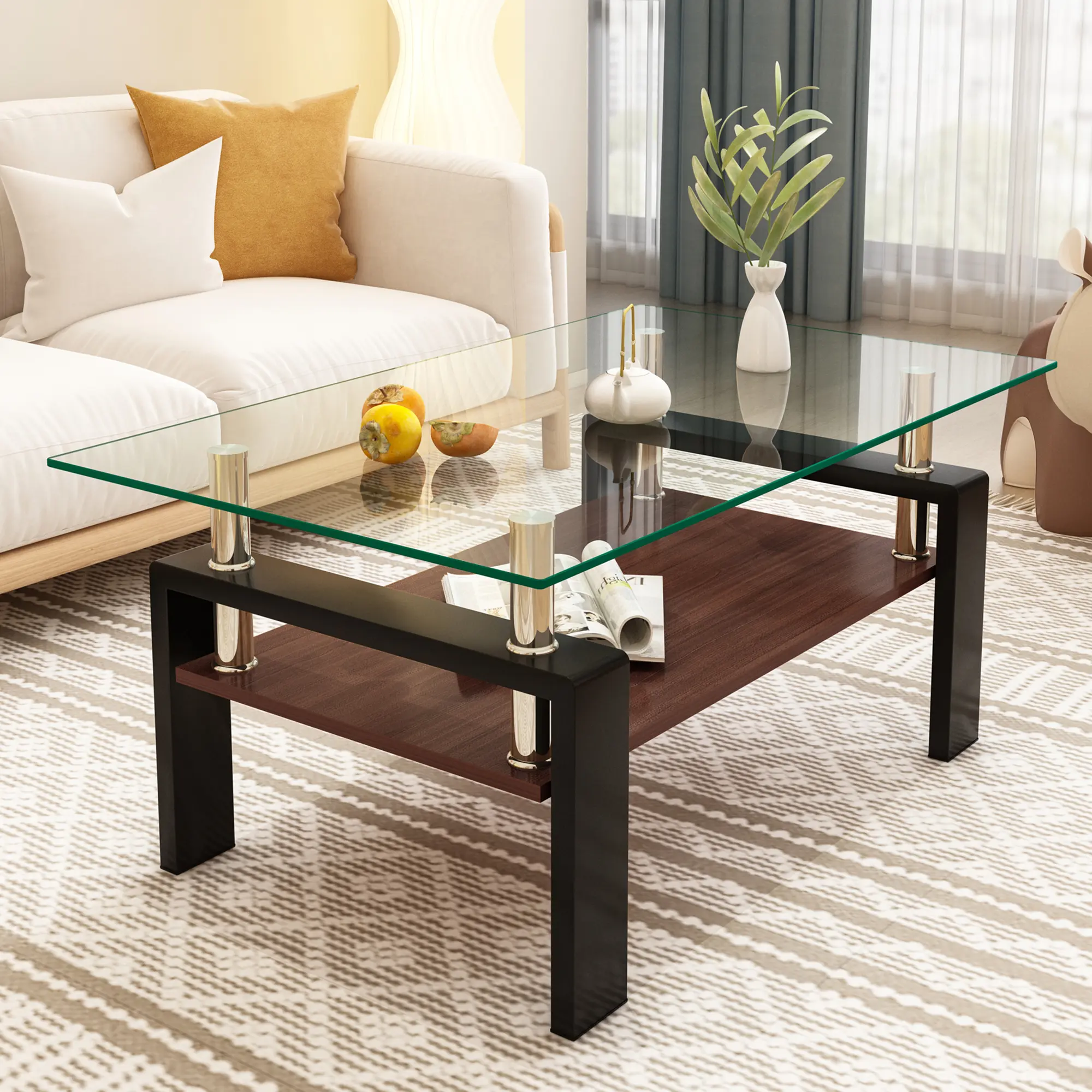 Modern Tempered Glass Coffee Table - Rectangle, MDF Layer Tabletop, Glass-Metal Build, Iron Legs, Storage Design, Load-Bearing, Scratch-Resistant, Easy Setup, Assembly Guide Included, Indoor Living Room Furniture