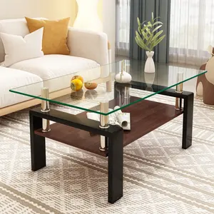 Glass Coffee Table Rectangle Living Room Center Table, Tempered Glass Tabletop with MDF Layer, for Living Room and Office