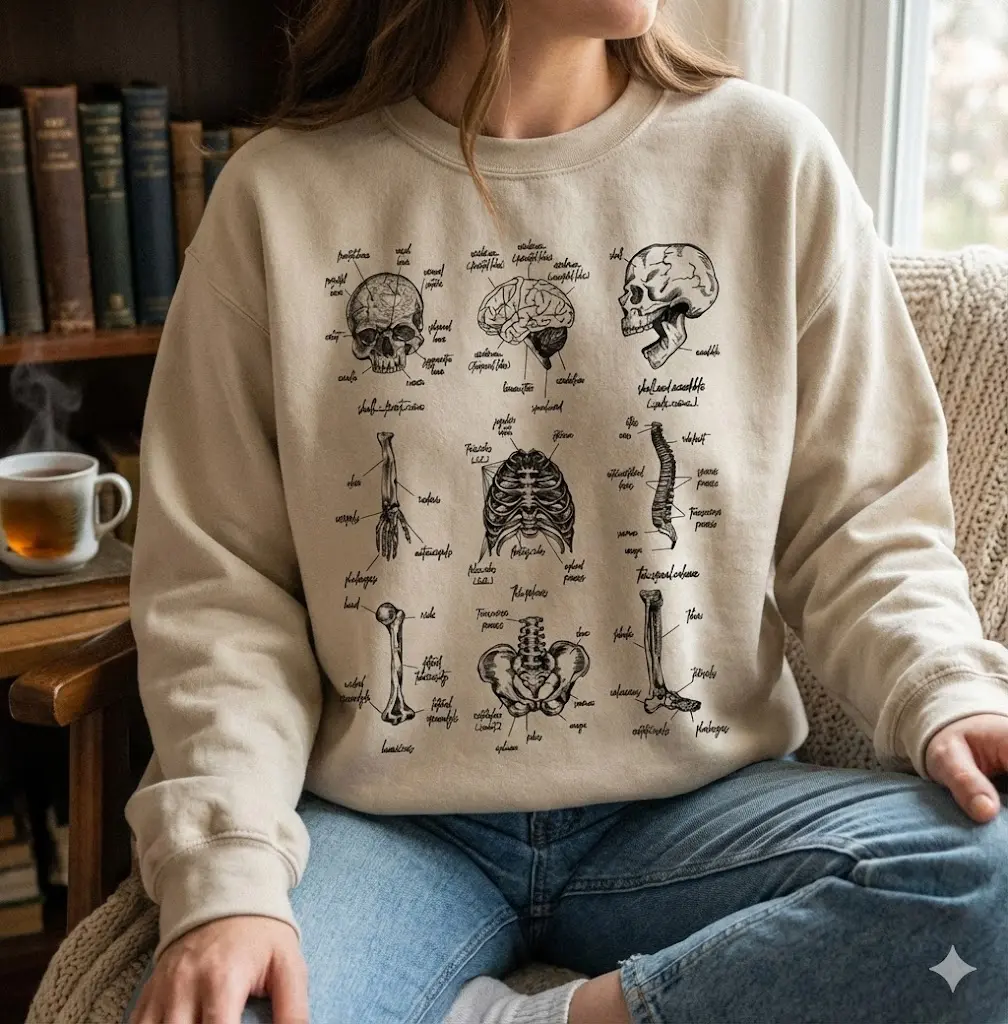 Human Skeleton Anatomy Sweatshirt, Unisex Medical Hoodie, Human Body Bones Vintage Shirt, Anatomy Nursing Student Tee, Medical Student Gift, Dress, Spandex
