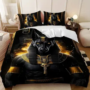 Bedding 3-piece set - 3PCS,Black and Gold Egyptian Anubis Statue Design Down Comforter Set (1 comforter cover + 2 pillowcases, filling not included) -soft and comfortable, suitable for family bedrooms. Bedding Sets