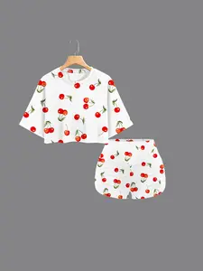 Spring Summer New Round Neck Loose Knitting Crop Top Belly Button Set, Short Full Body Digital Cherry Print High Waist Ruched Butt Lifting Design Womenswear