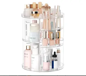 Rotating Makeup Organizer, DIY 8 Adjustable Layers Spinning Skincare Organizer, Cosmetic Display Case with Brush Holder Perfume Tray, Multi-Function Storage Carousel for Vanity Bathroom Countertop