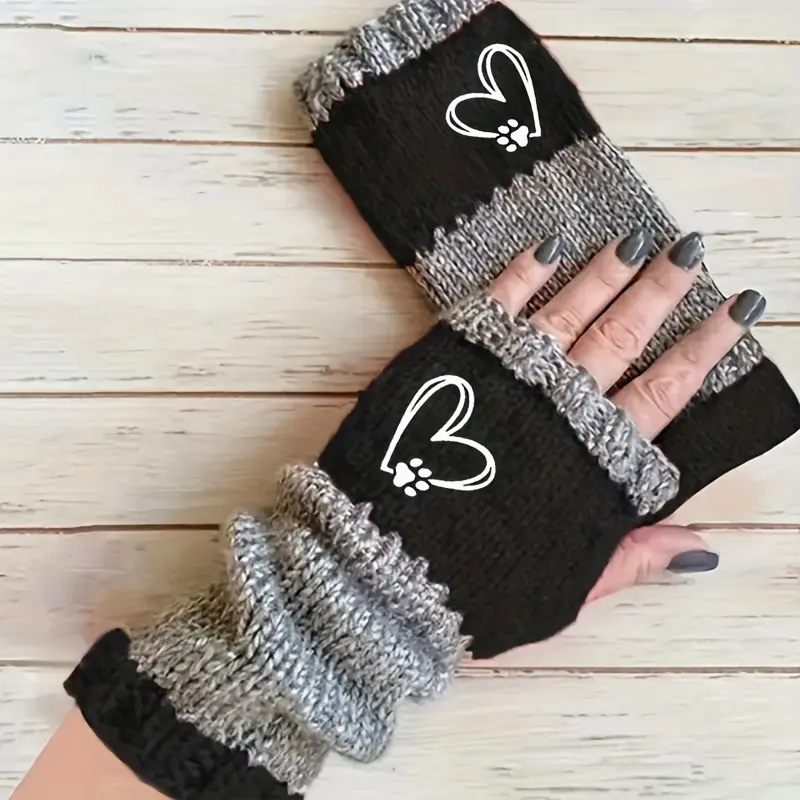 Female Color-Block Mohair Mittens - Heart & Paw Embroidery, Cozy, Keep Warm, Elasticity, Stretchy Knit, Hand Wash Safe Autumn/Winter Fashion Accessories