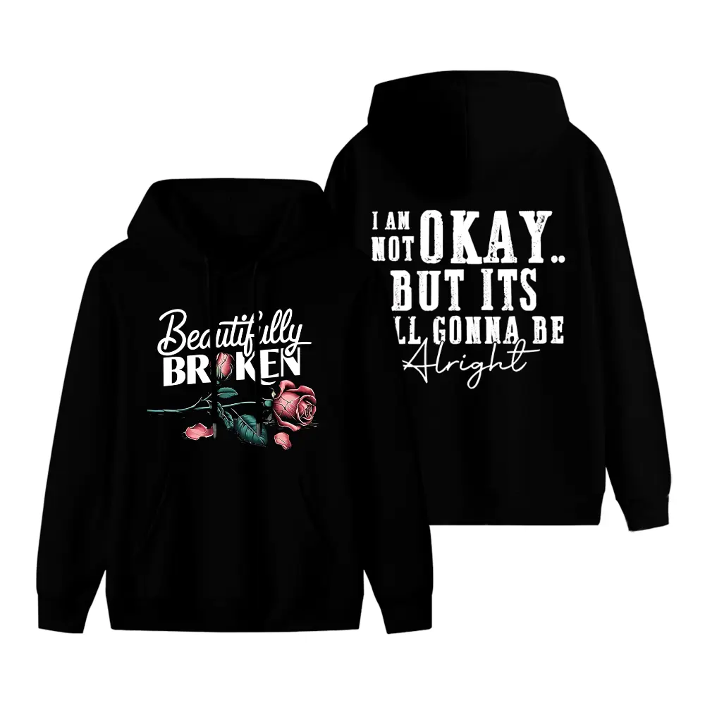 Unisex Black Hoodie with "Beautifully Broken" Country Print, Casual Fleece Pullover Sweatshirt with Long Sleeves, Hoodie-Black, Tops, Fabric, Music