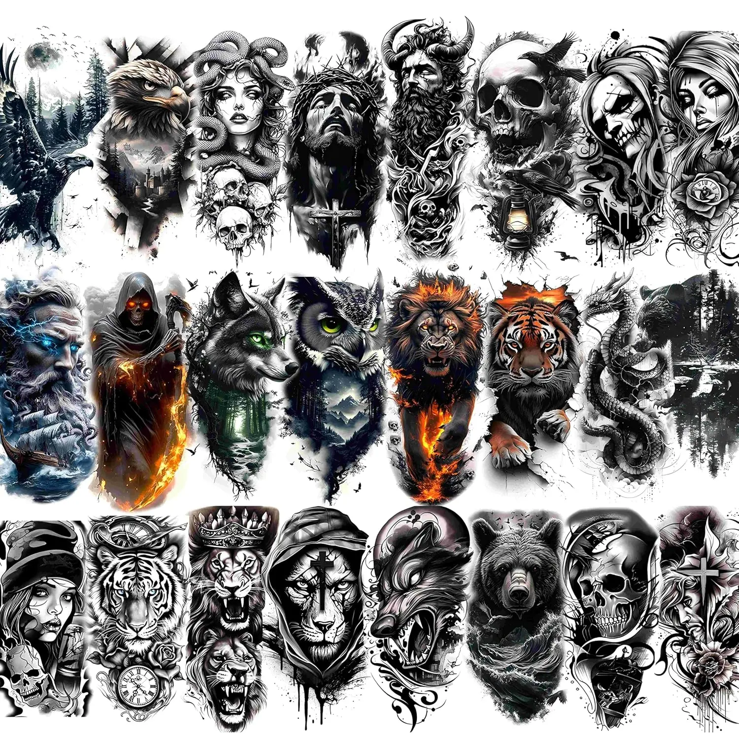 Adult Sensitive Half-Sleeve Temporary Tattoos, 24-Pack Waterproof Forearm Body Stickers with Realistic 3D Lion, Eagle, Skull, Jesus, Greek God Gothic Designs for Beach Trips, Carnivals, Tattoo Art, Adults, 3D Sleeve Temporary Tattoos
