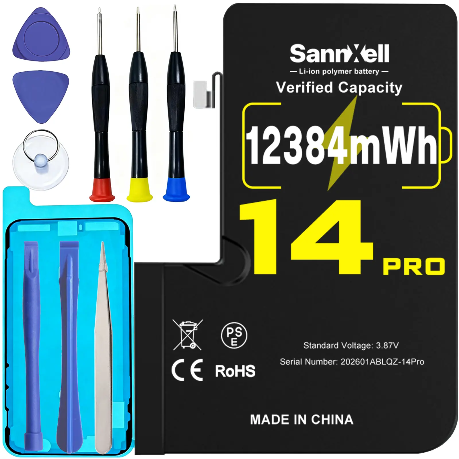 SannXell Upgraded High Capacity Battery for iPhone 14 Pro Replacement, 12384mWh 0 Cycle A2650 A2889 A2890 A2891 A2892 Model, Ultra Long Lasting Li-ion Battery for iPhone 14 Pro, with Full Repair Tool Kit, Batteries, Cellphone