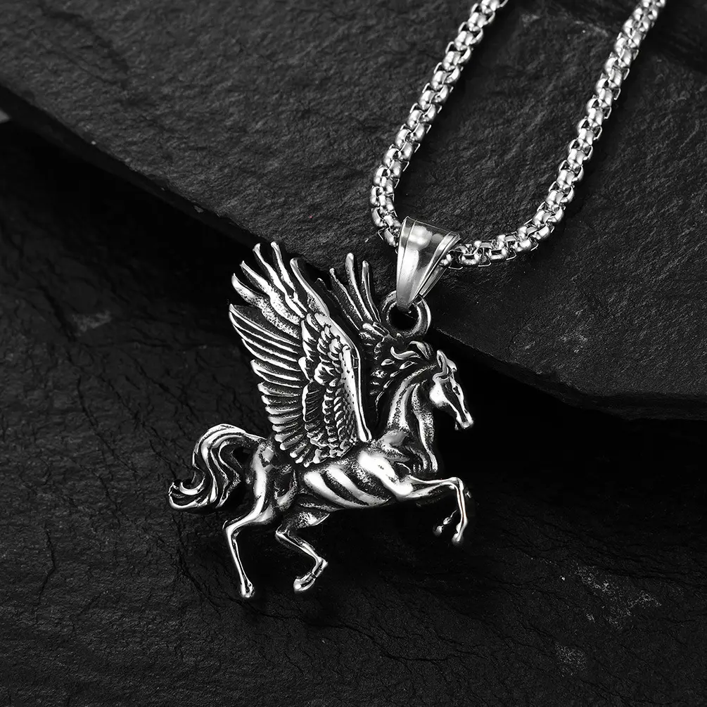 retro style Greek mythology titanium steel pegasus unicorn necklace, double-winged Pegasus hipster men's and women's pendant