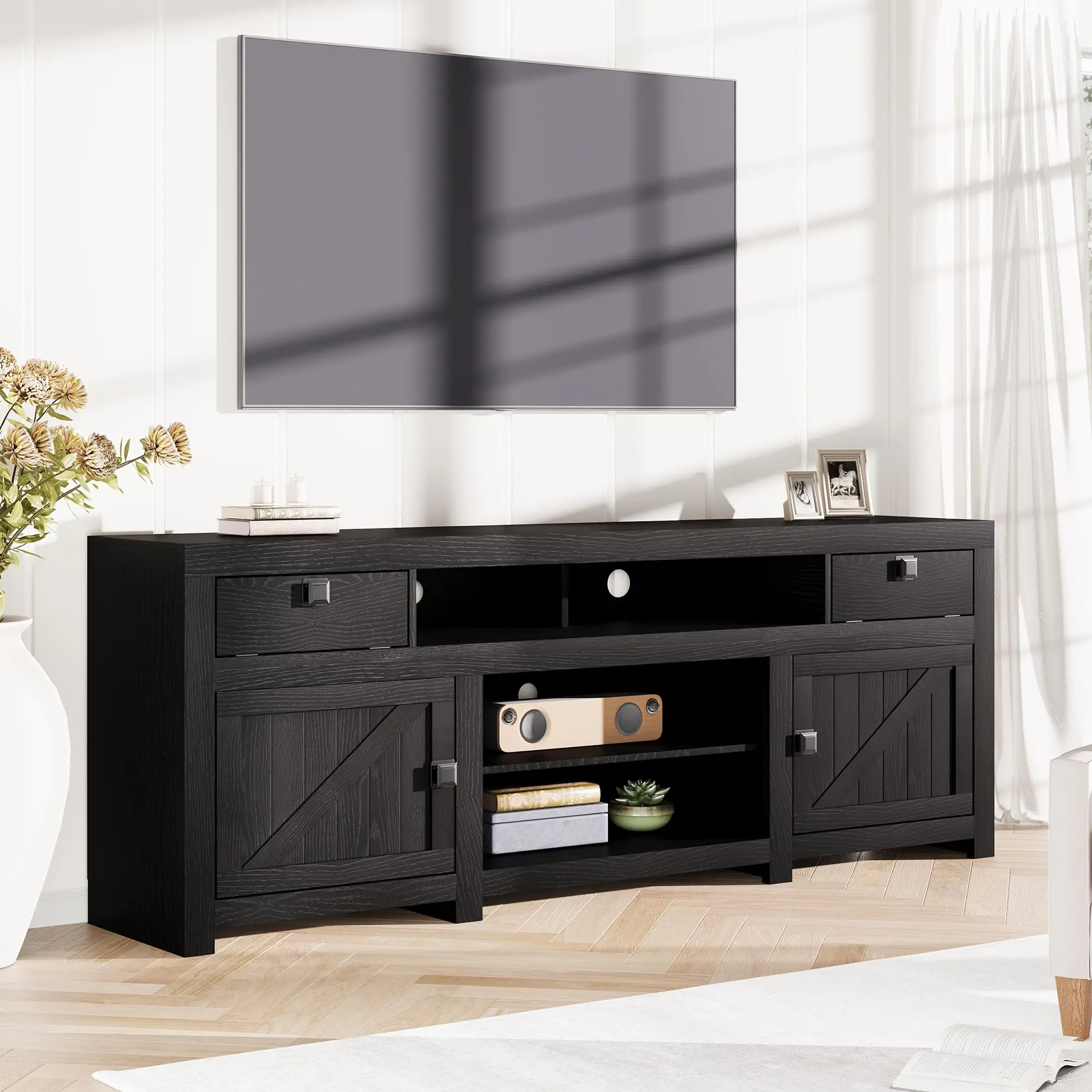 Garvee Farmhouse Style Entertainment Center for Large Screens, Available in Black, Gray, and Red Brown, Featuring Multiple Storage Options with Drawers, Cabinets, and Open Shelves, Perfect for Living Room or Bedroom