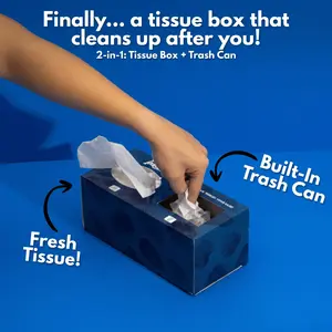 2 in 1 Tissue Box with Built-In Trash Compartment | Sick Day & Cold/Flu Essential | Bedside, Car, Office | 75 Tissues Per Box, 2-Ply