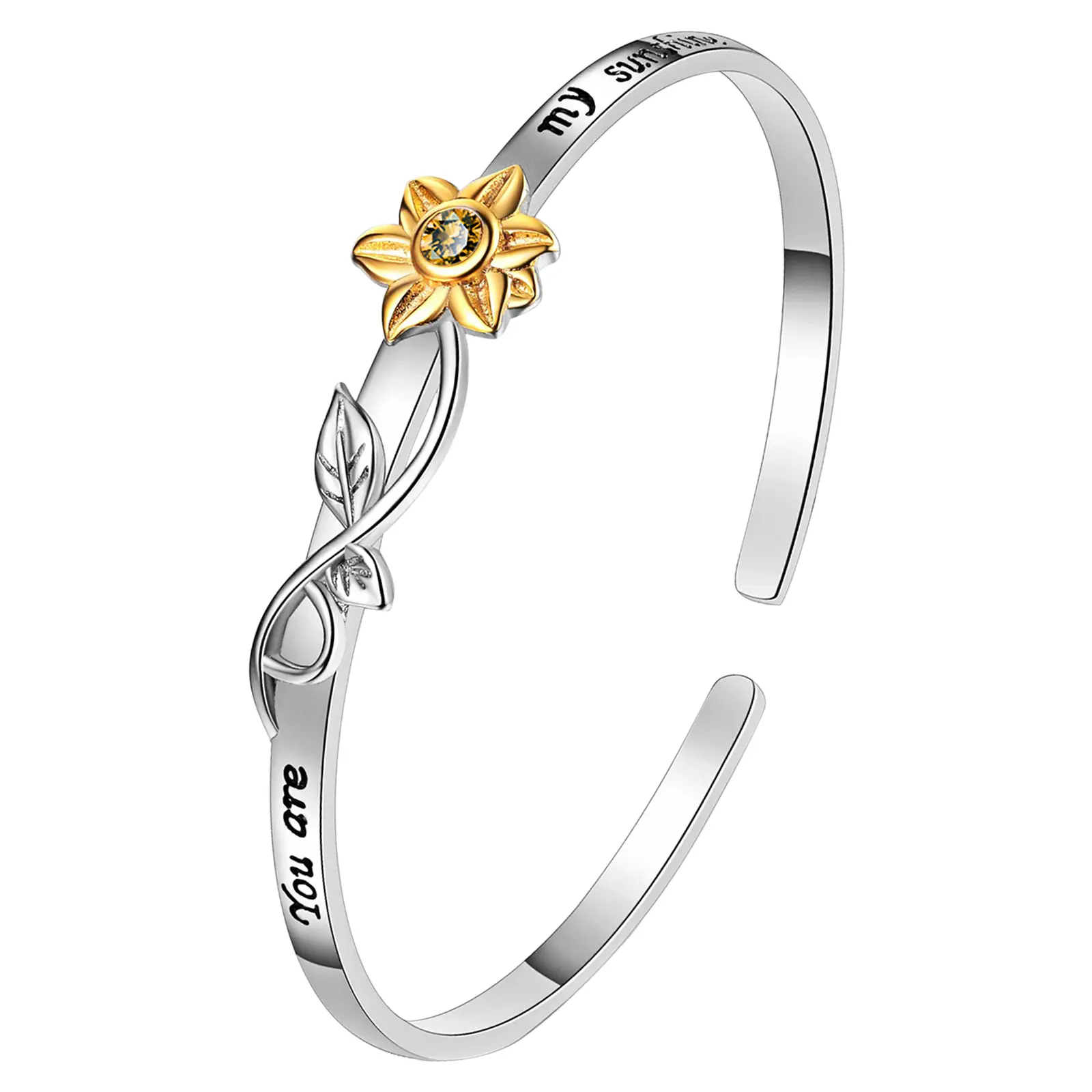 OIDEA You Are My Sunshine Sunflower Cuff Bracelet for Women - K Gold Tone Cubic Zirconia Adjustable Bangle Gift