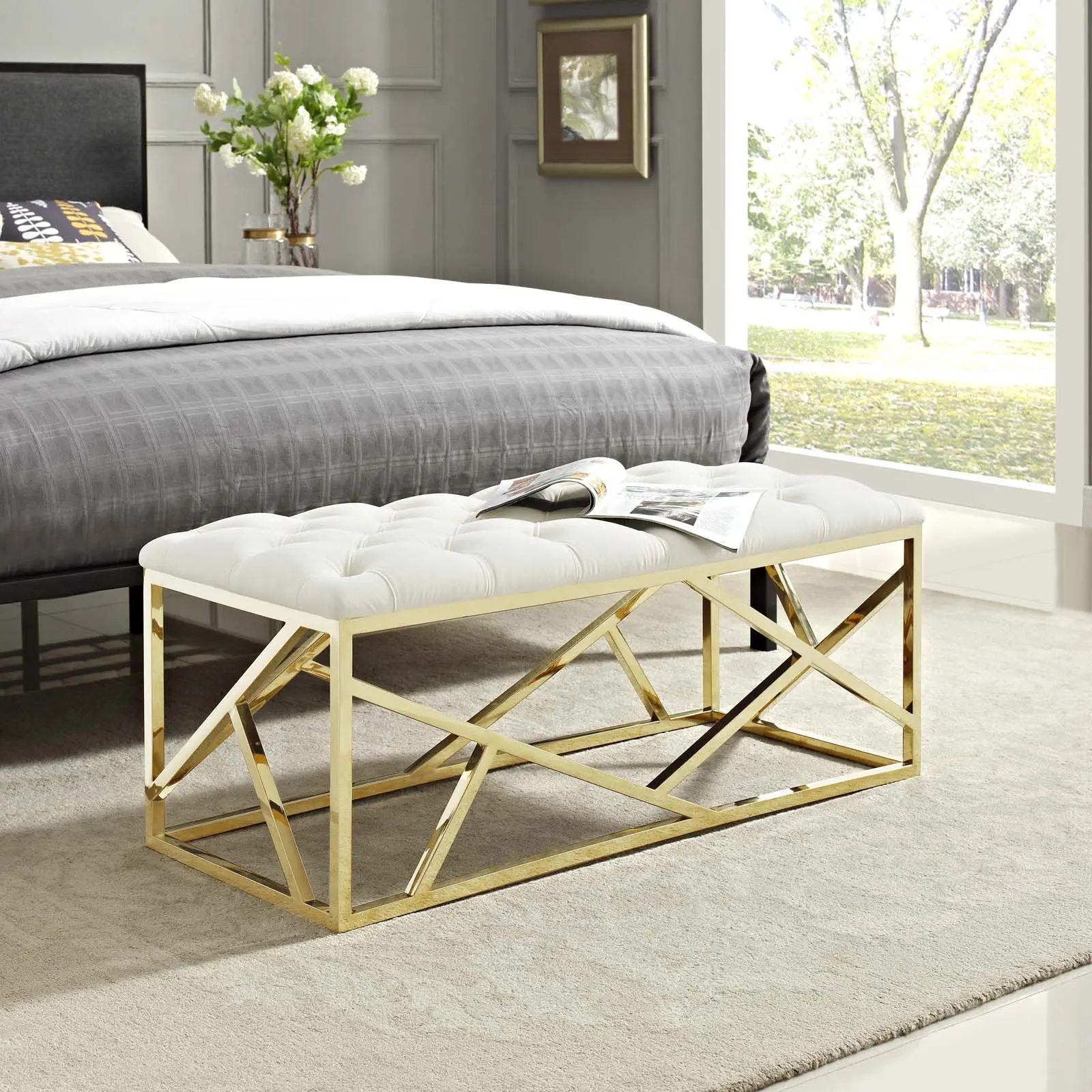 Modway Intersperse Indoor Bench - Gold-Ivory Finish, Clean Design, Footstool, Tufted Upholstered Ottoman, Stainless Steel Accents, Luxuriously Tufted Velvet Fabric Top for Modern Bedroom