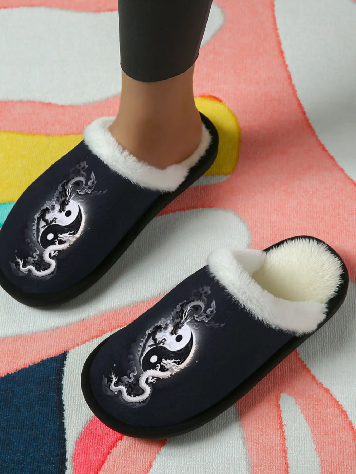 Tai Chi Dragon Slippers 1 Pair, Chinese Streetwear Style with Black White Smoke Dragon Print, Plush White Fur Collar Warm Anti Slip Sole, Trendy Home Wear, Zodiac Dragon Year Gift for Couples